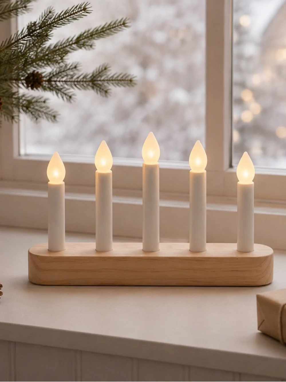 IKEA Wooden LED Candle Bridge in White and Natural Wood